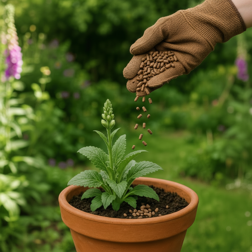 Hand wearing a brown gardening glove scattering seeds into a potted plant with a garden background.