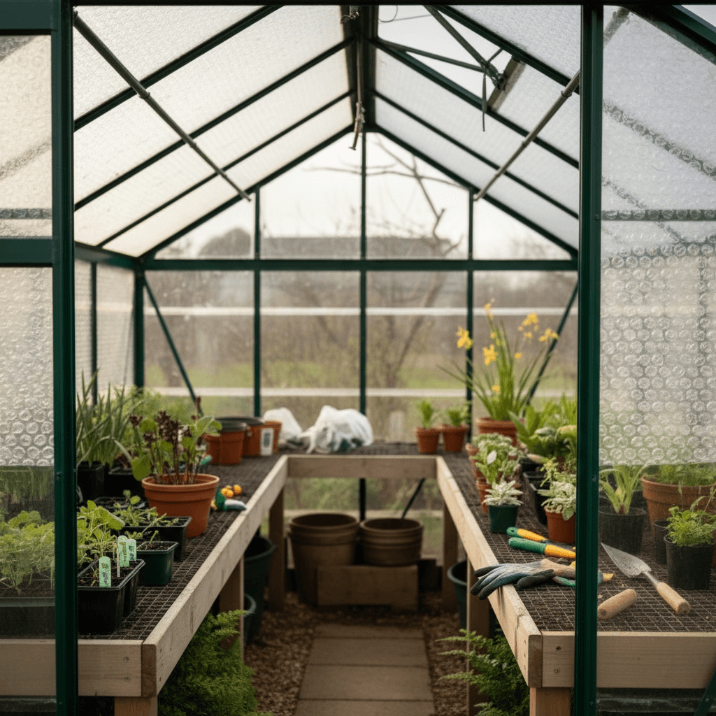 bubble wrap in greenhouse used as insulation plants and pots on table
