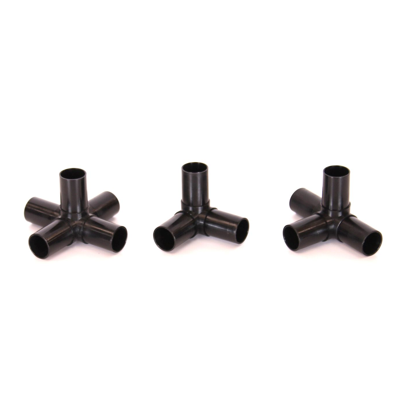 Three black plastic aluminium pole connectors on a white background