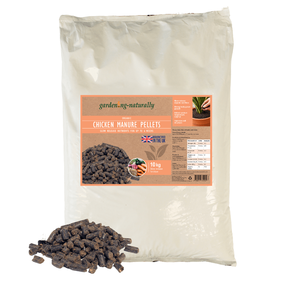 chicken manure fertiliser in a large white bag with pile of pellets shown