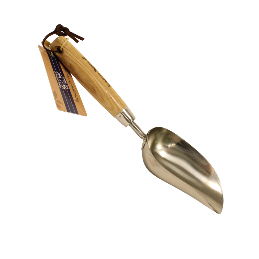 A Metal compost scoop with wooden handle and hanging hoop for moving soil