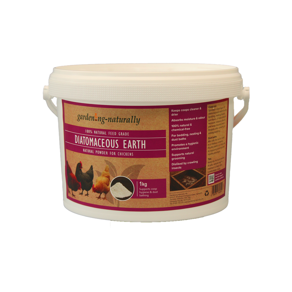 Bucket of garden&ng-naturally diatomaceous earth for chickens on a white background