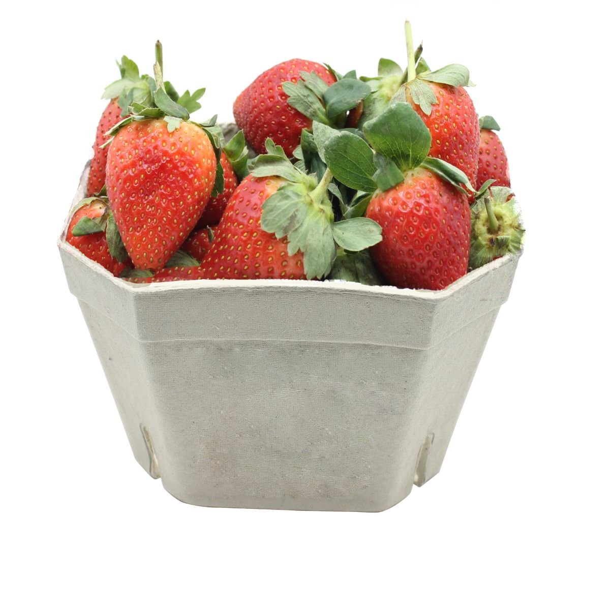 Hexagonal card fruit punnet filled with strawberries on a white background