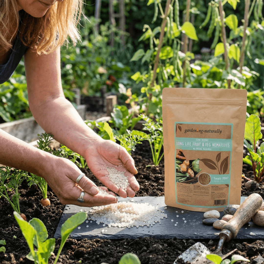 Person in a garden applying fertilizer with a package labeled 'Garden Naturally' in the foreground.