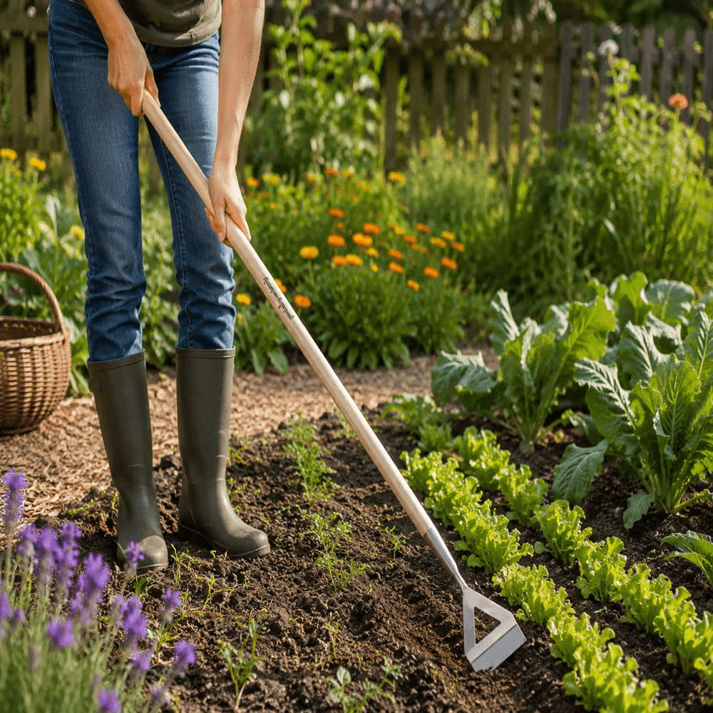 Person gardening with a tool in a lush garden with flowers and plants.
