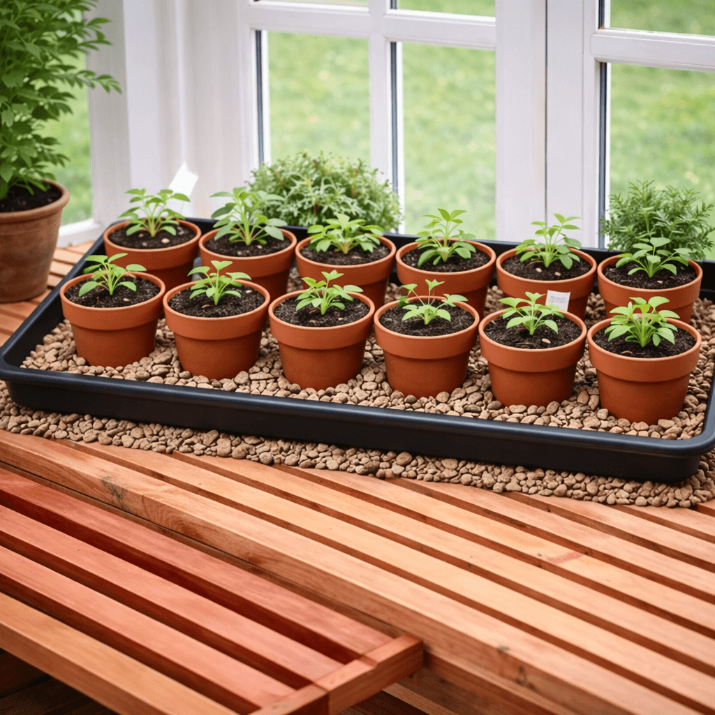 Tray of small potted plants on a wooden surface with a window in the background