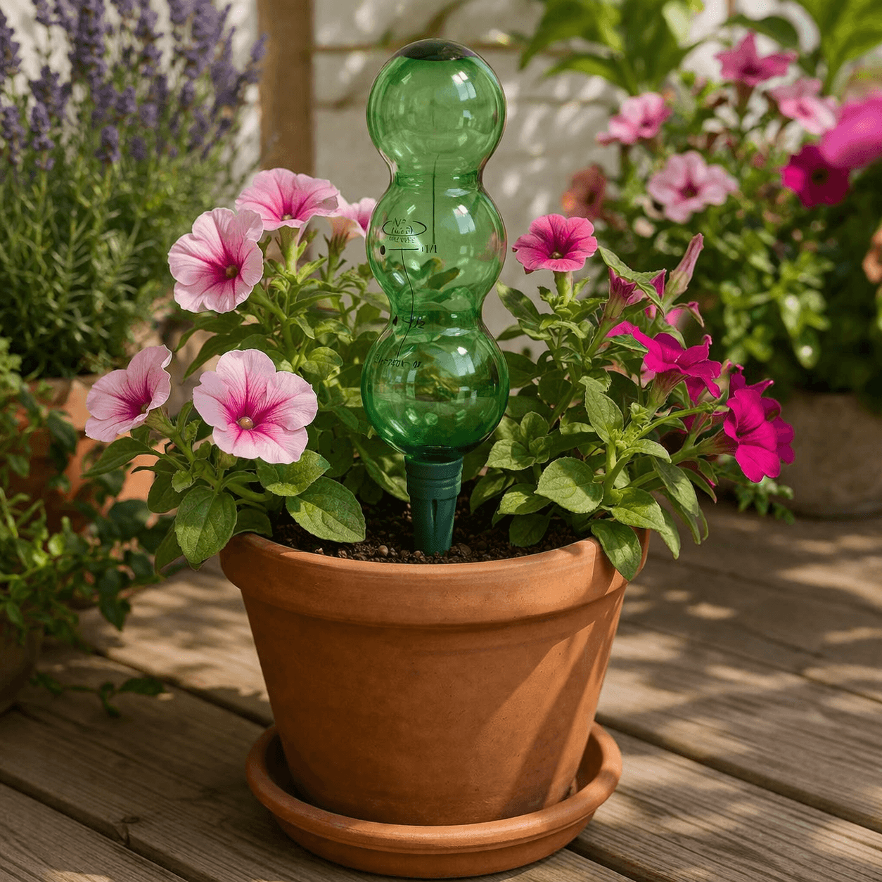 Green bulb-shaped plant waterer in a pot with pink flowers on a wooden surface