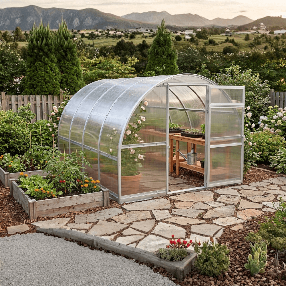 Greenhouse in a garden with raised beds and a stone pathway