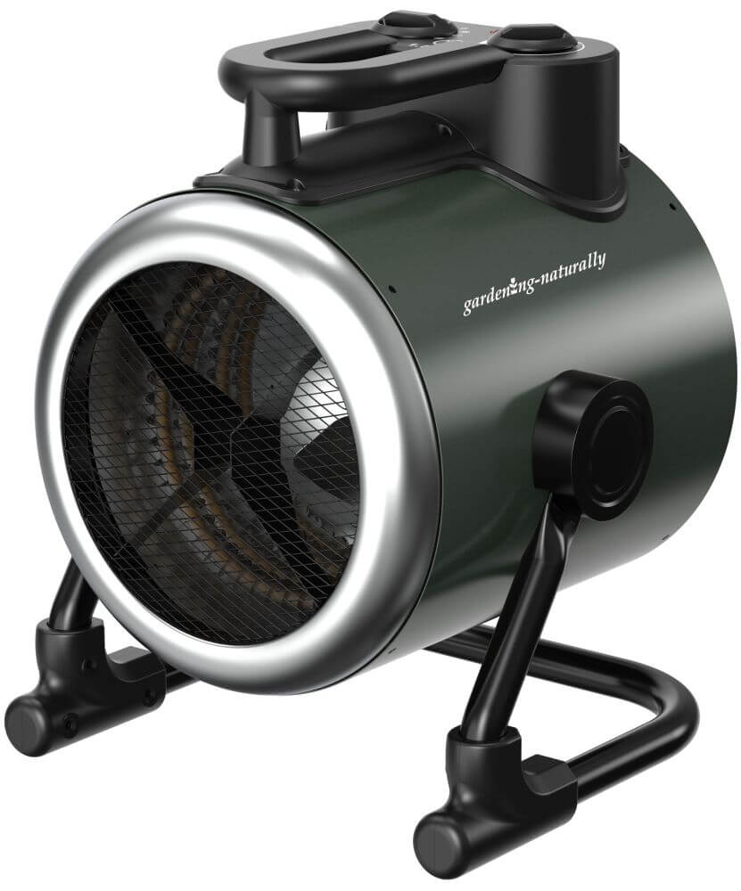 greenhouse heater with a black and silver design on a white background