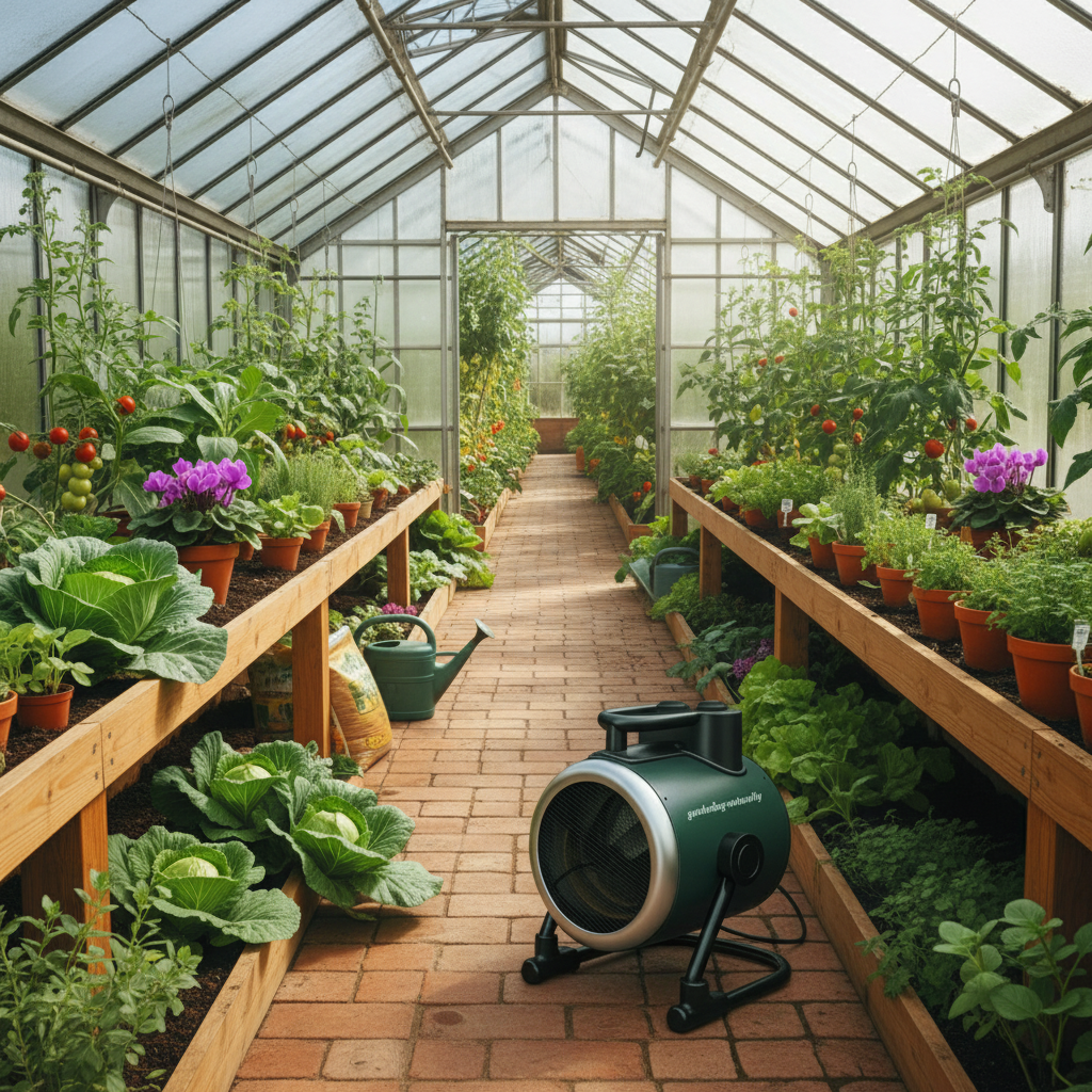 Greenhouse with plants and a fan on a brick floor
