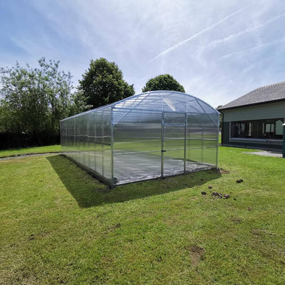 Clear polycarbonate greenhouse on a grassy area with trees and a building in the background