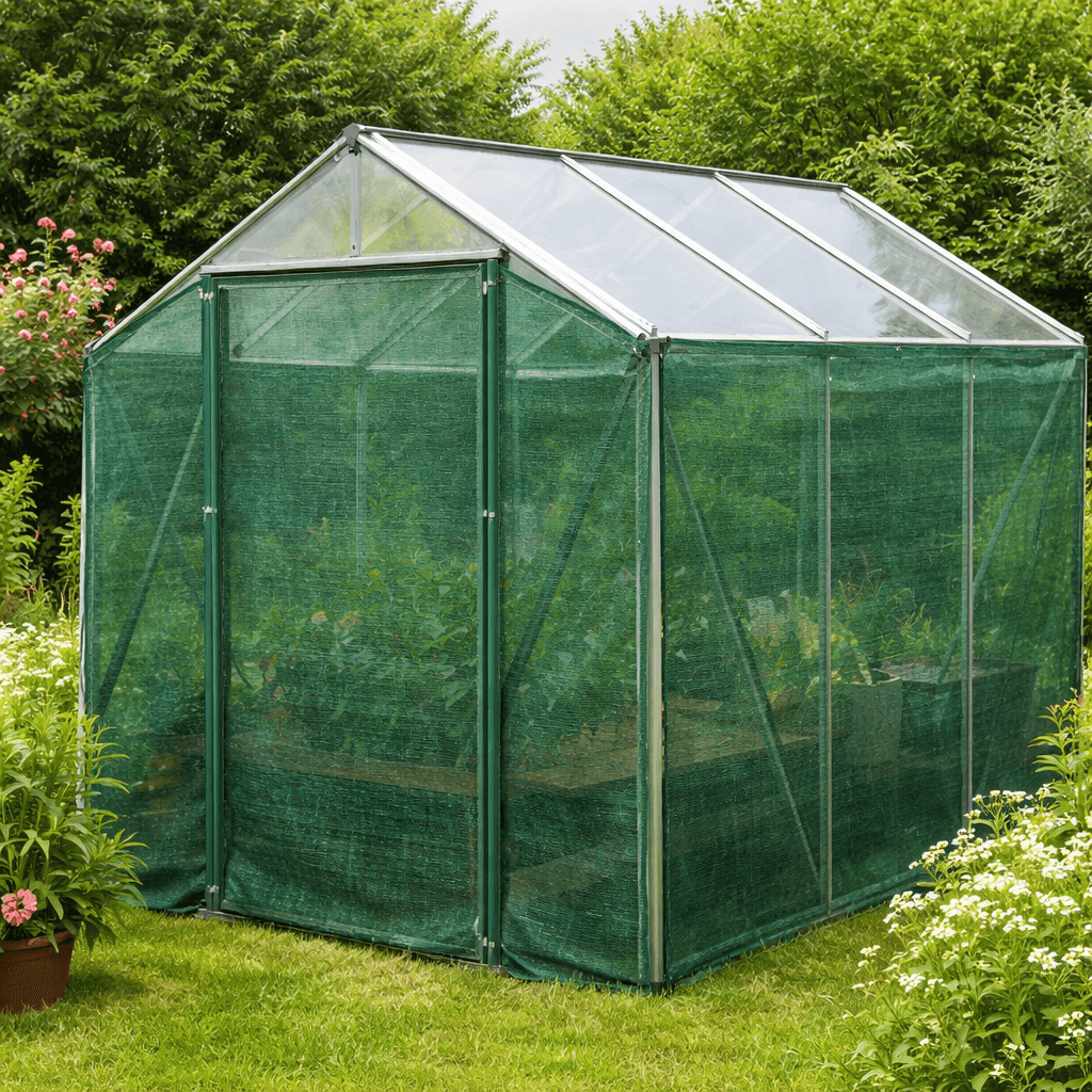 Green greenhouse in a garden with plants and flowers around