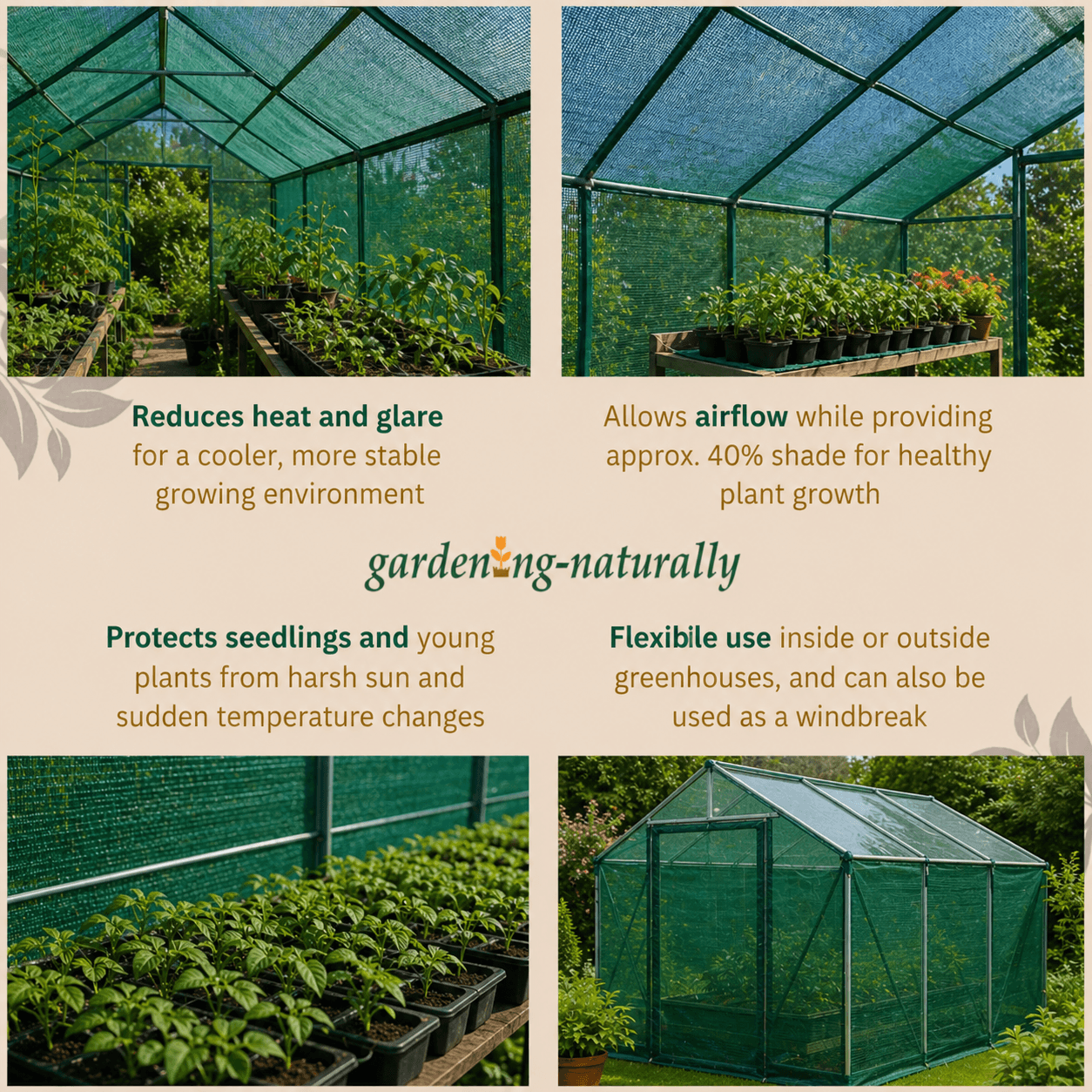Greenhouse with text describing its benefits and uses, featuring the brand 'gardening-naturally'.