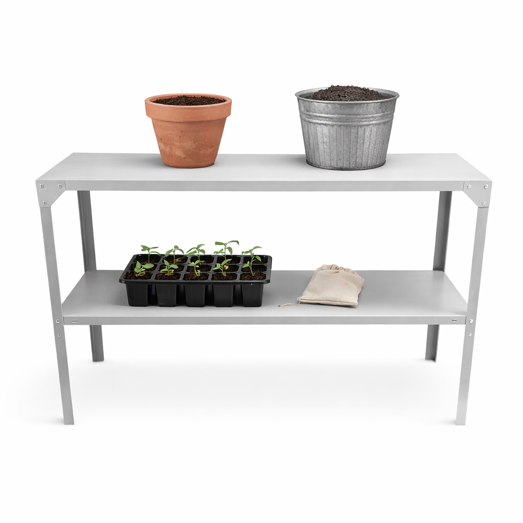 Silver greenhouse staging with two pots and seedlings on a white background