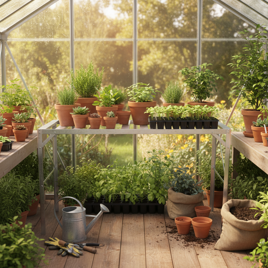 Greenhouse with various potted plants and gardening tools on a wooden floor.