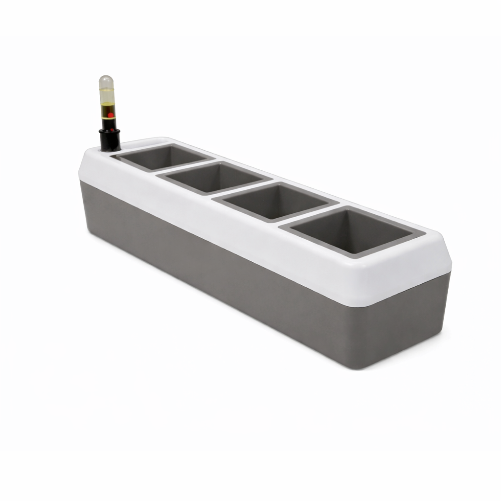 Gray and white rectangular windowsill planter with three compartments on a white background