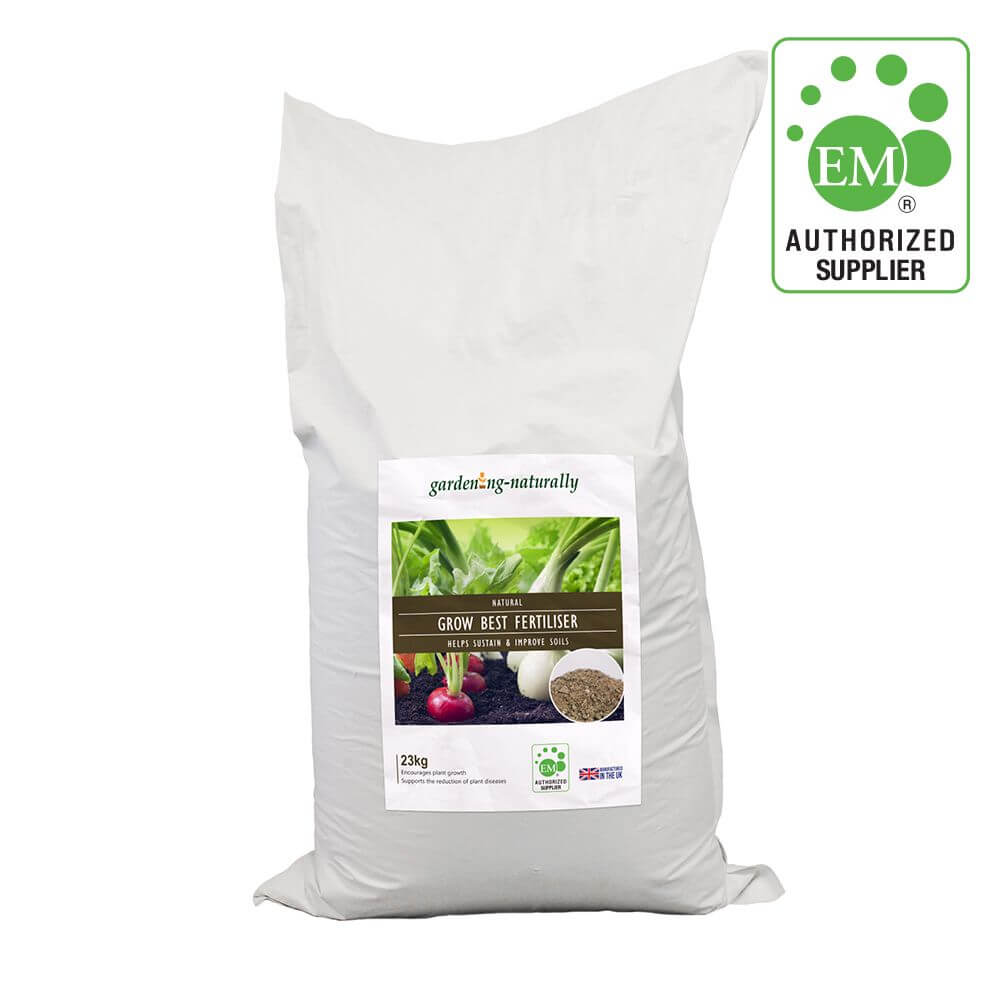 White bag of gardening fertilizer with a label and EM Authorized Supplier logo on a white background