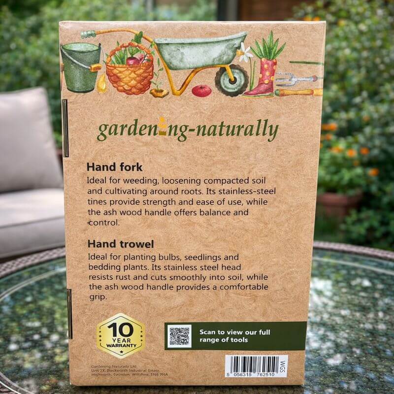 Gardening tool packaging with illustrations of a wheelbarrow, basket, and trowel on a natural background.