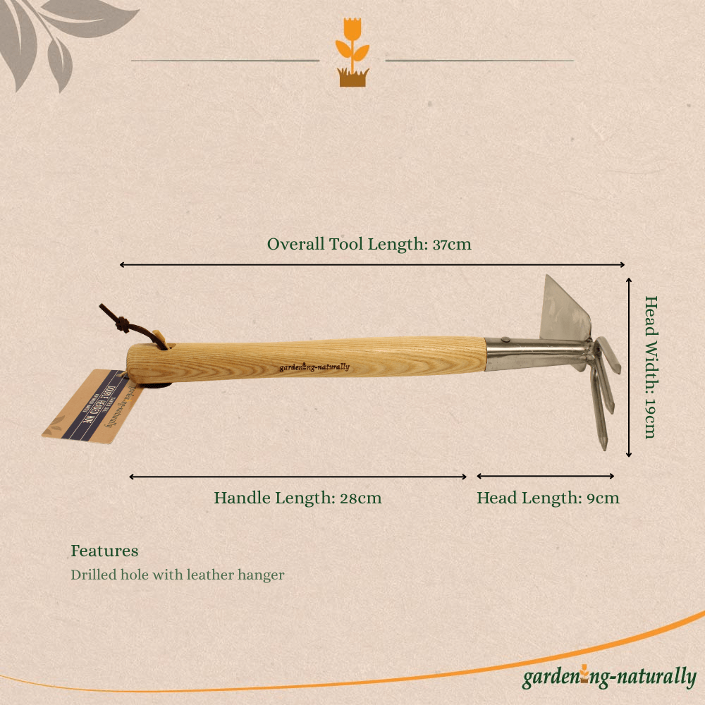 Gardening tool with measurements on a beige background