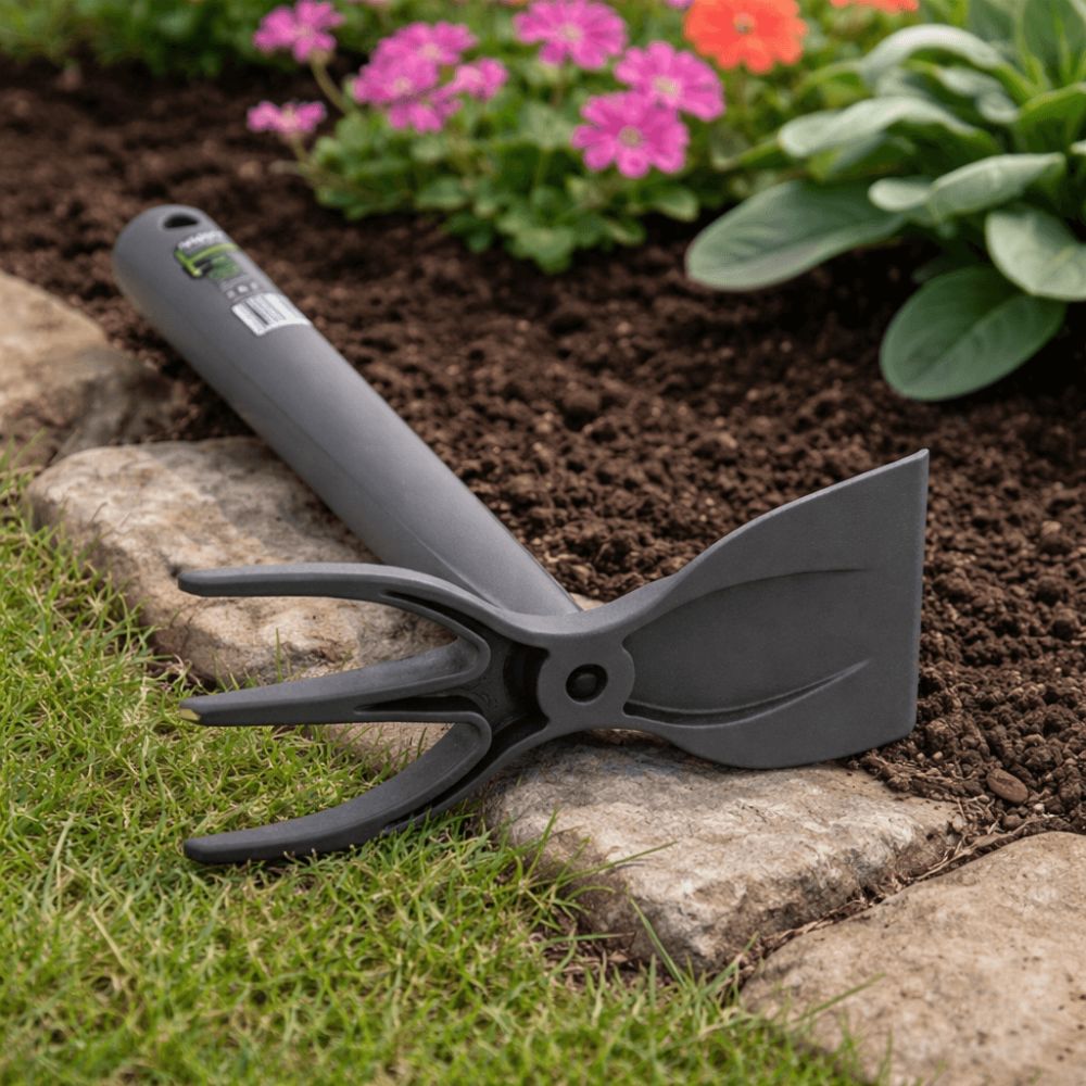 hand hoe tool on a stone path with flowers in the background