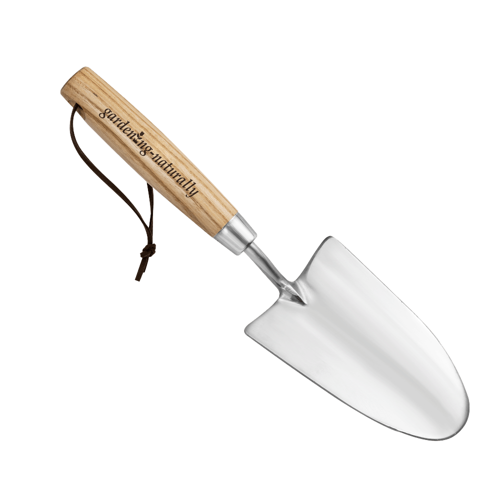 a hand trowel for gardening with a wooden handle