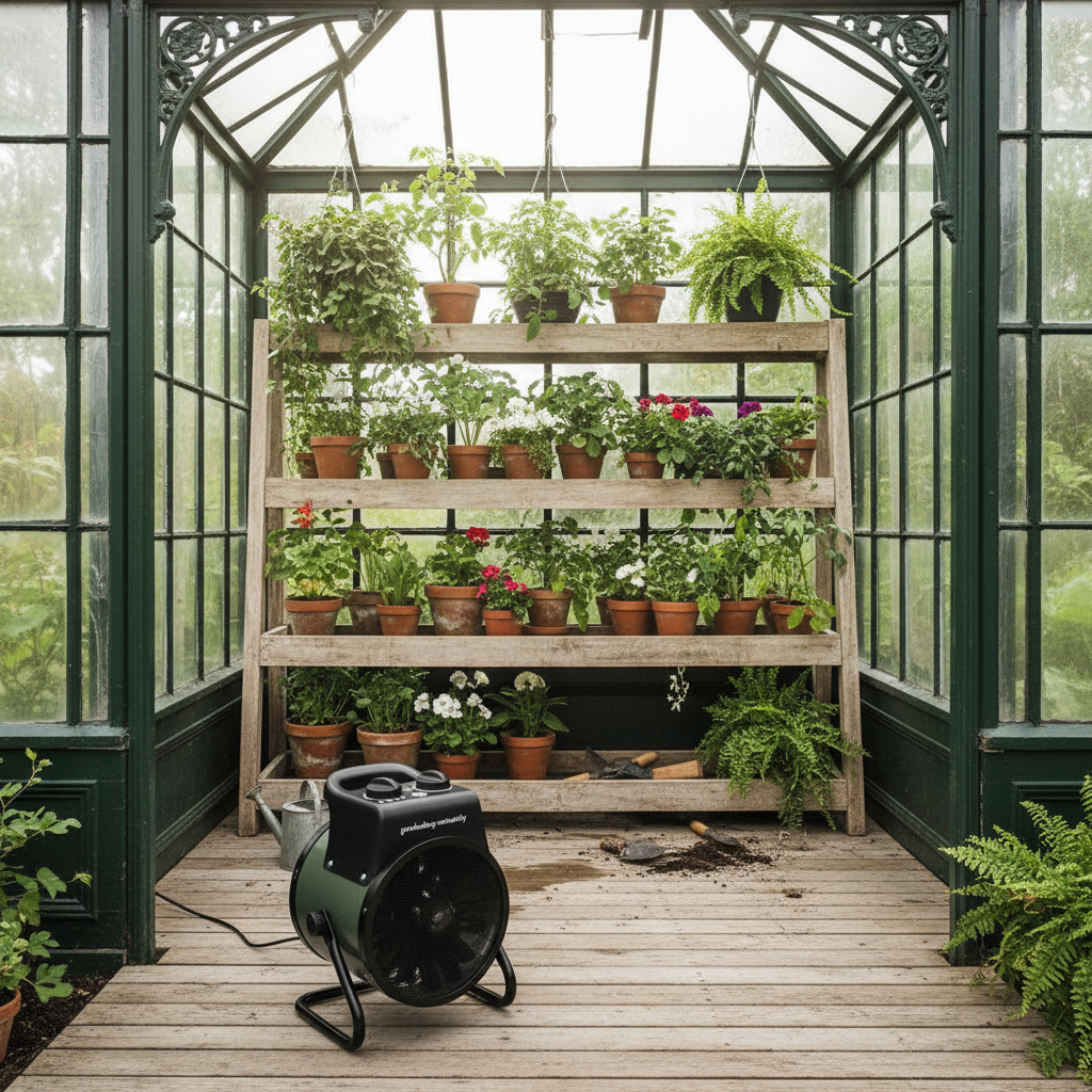 Greenhouse with wooden shelves filled with potted plants and a fan on the floor.