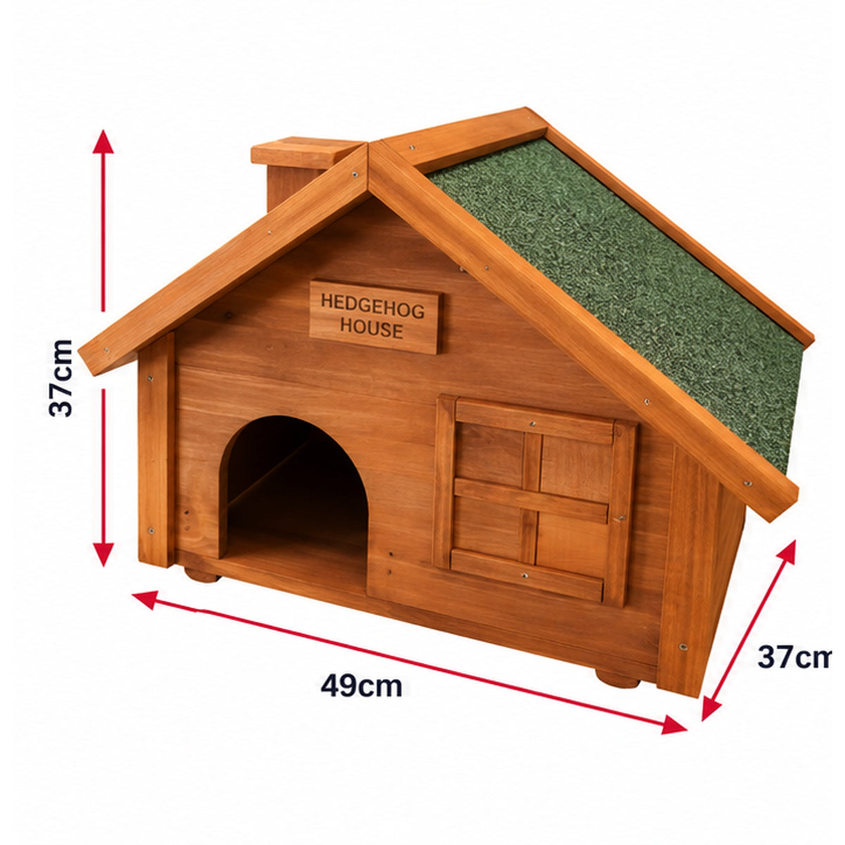 A wooden hedgehog house with a green textured roof, shown with red dimension lines and labels indicating 49cm width, 37cm height, and 37cm depth on a white background.