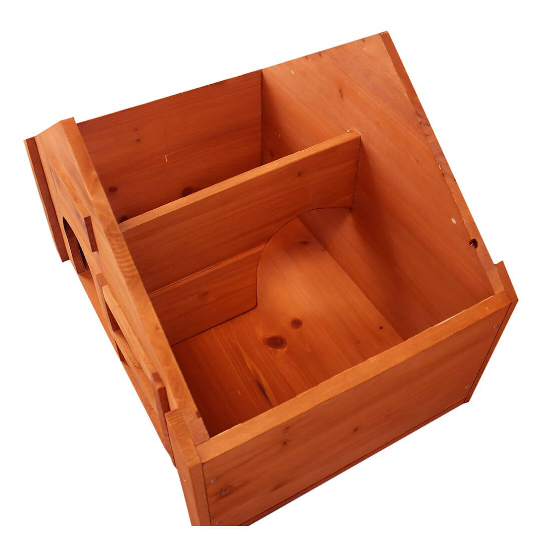 A wooden bird house with a divided interior and a small arched entrance cutout, shown on a plain white background.