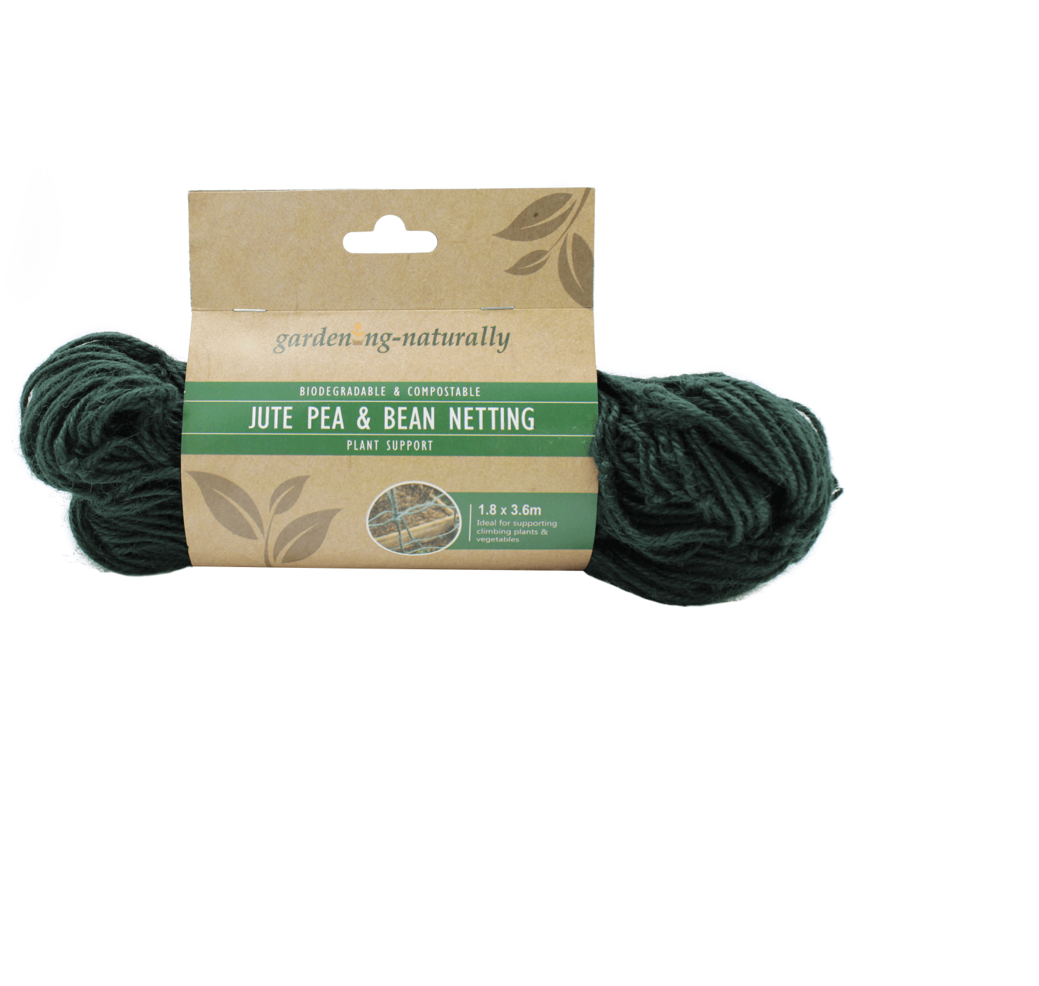 Green jute pea and bean netting with packaging on a white background