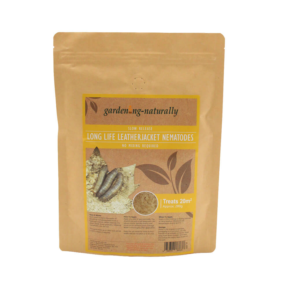 Brown package with a label for 'garden-naturally' long life leatherjacket nematodes on a white background