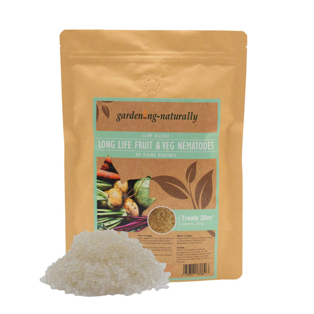 Package of garden-naturally long life fruit & veg nematodes on a white background