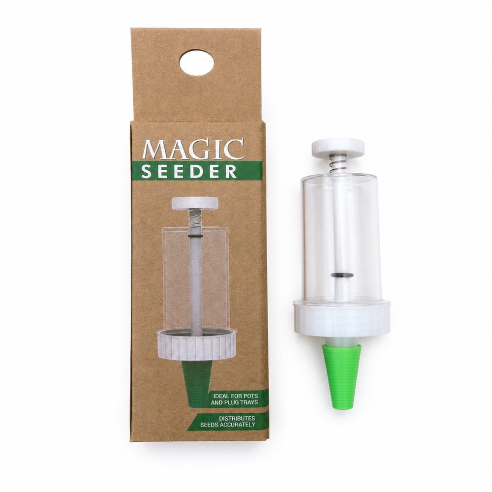 Magic Seeder packaging with a clear seed dispenser on a white background