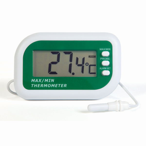 Digital Max-Min Alarm Thermometer with an LCD display showing the temperature in Celsius, a green and white color scheme, and a flexible probe attached.