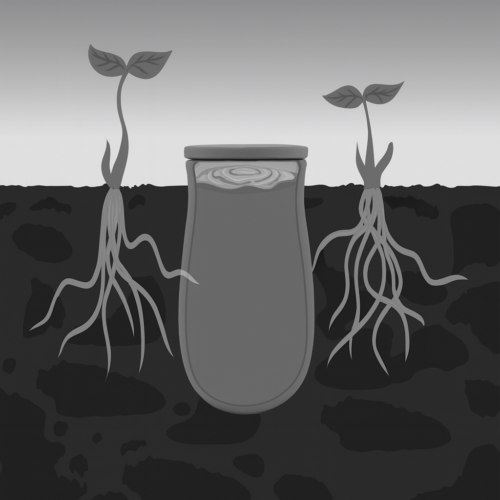 Black and white showing how Olla watering pots work