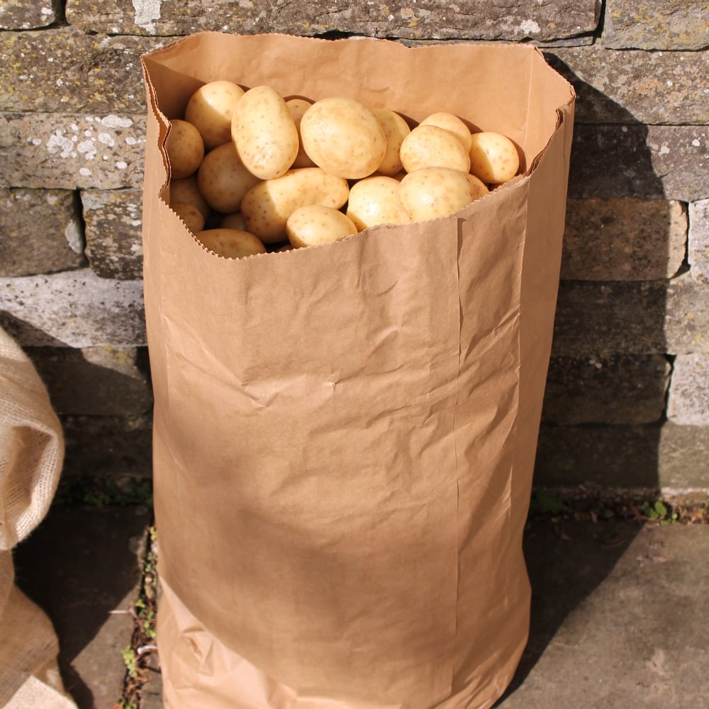 brown paper potato sacks with potatoes by wall