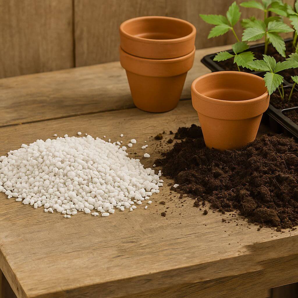 Terracotta pots, soil, and perlite on a wooden surface