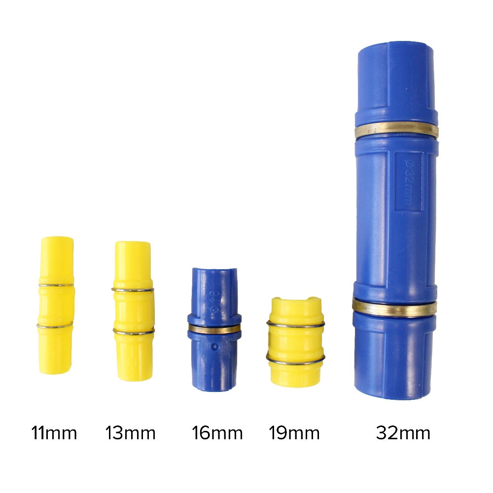 Set of blue and yellow connectors with sizes 11mm, 13mm, 16mm, 19mm, and 32mm on a white background.