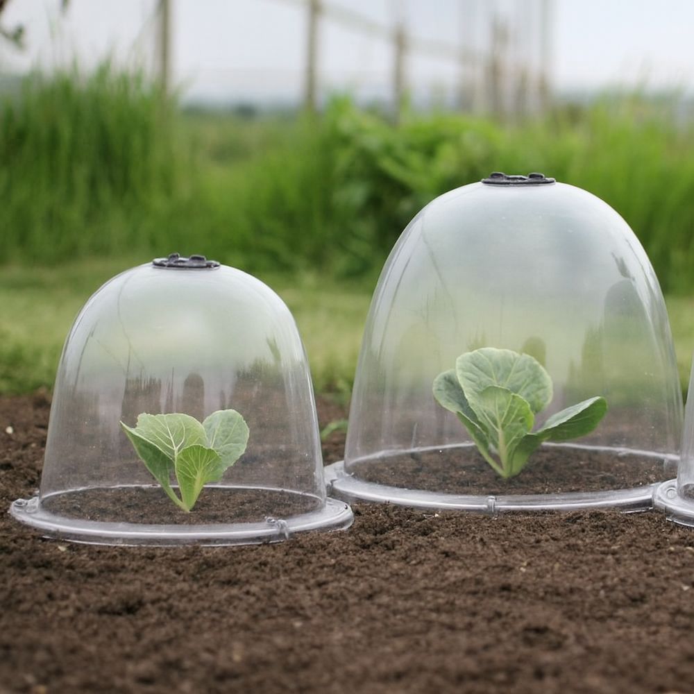 Two different sized bell cloches on soil with plants in