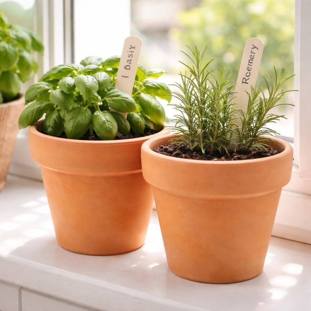Plant labels in pots with herbs windowsill