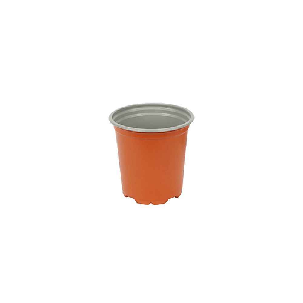 Orange plastic plant potwith a grey inside on a white background