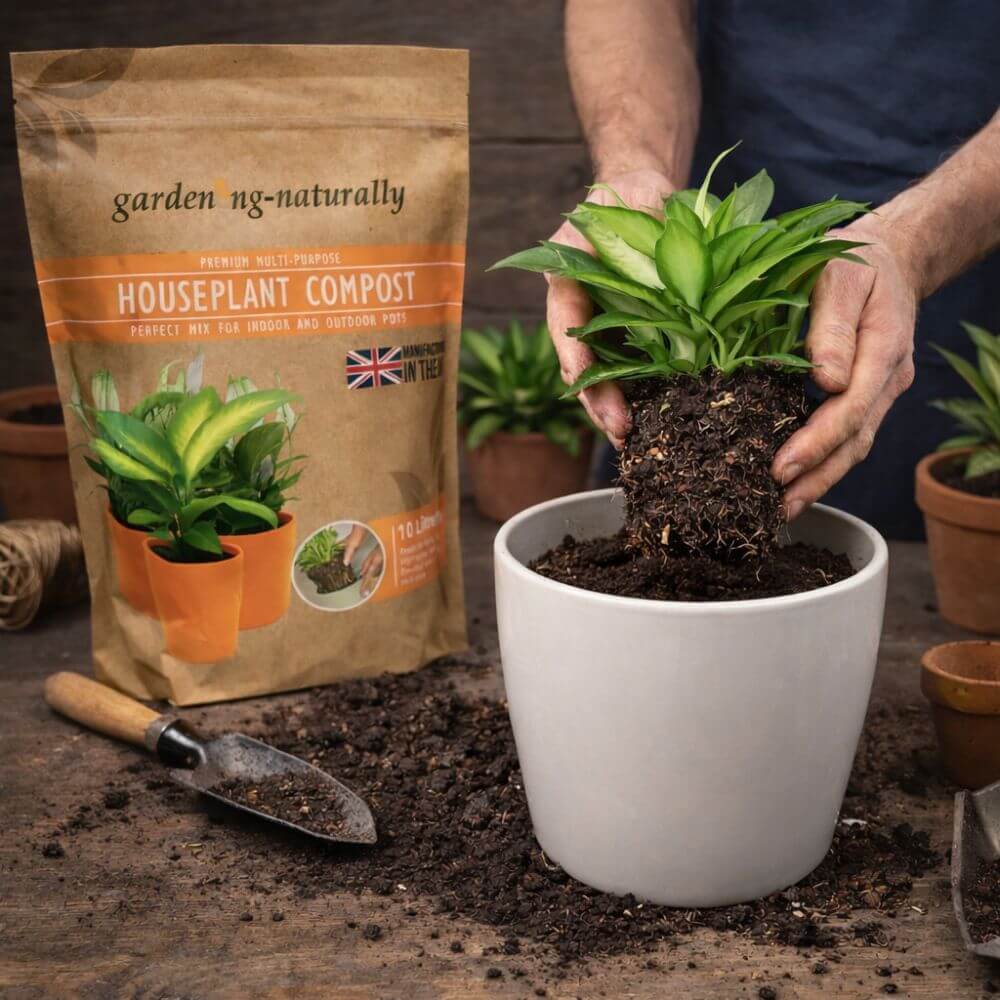 Person potting a plant with garden compost next to a bag of houseplant compost.