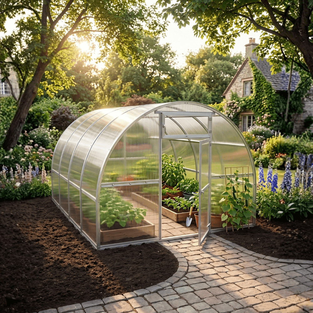 Greenhouse in a garden with plants and a house in the background
