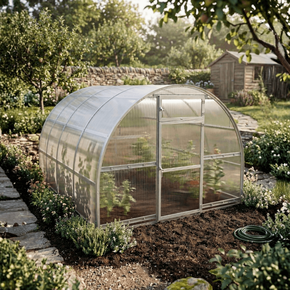 Polycarbonate greenhouse in a garden setting with trees and a stone wall in the background.
