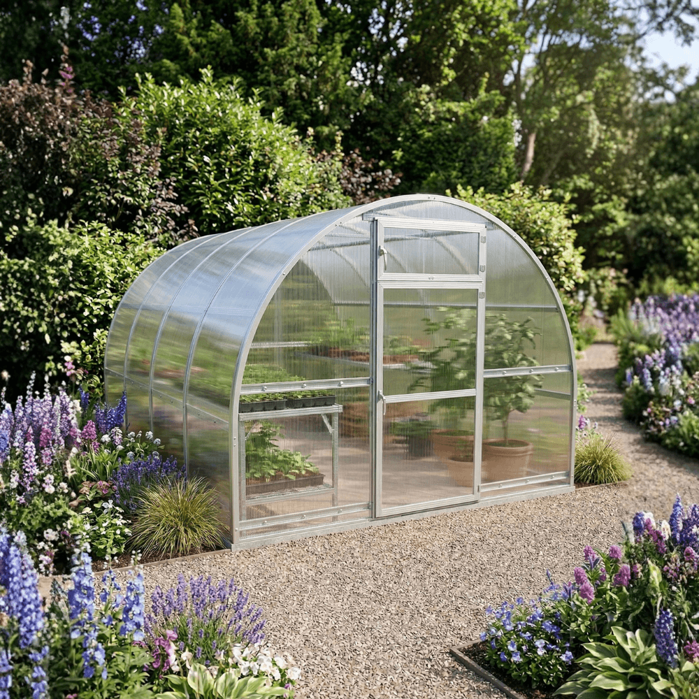 Greenhouse in a garden surrounded by flowers and plants