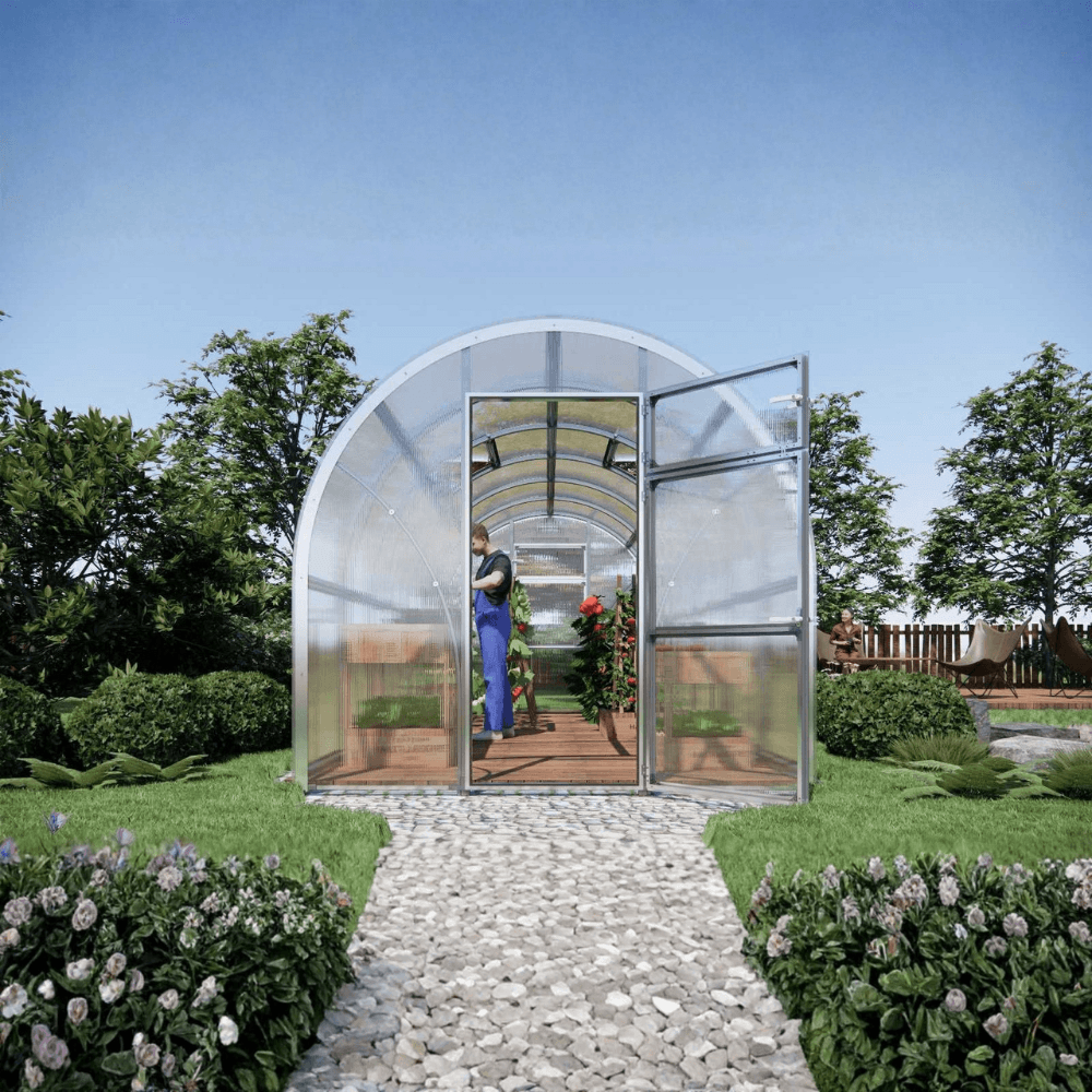 large polytunnel greenhouse in a garden