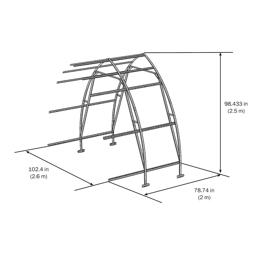 Technical drawing of a metal arch structure with dimensions labeled