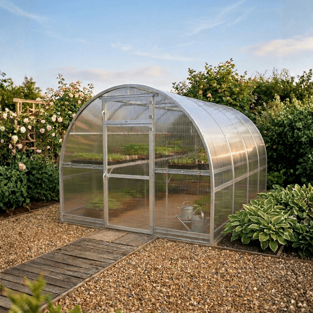 Clear polycarbonate greenhouse in a garden setting with plants inside