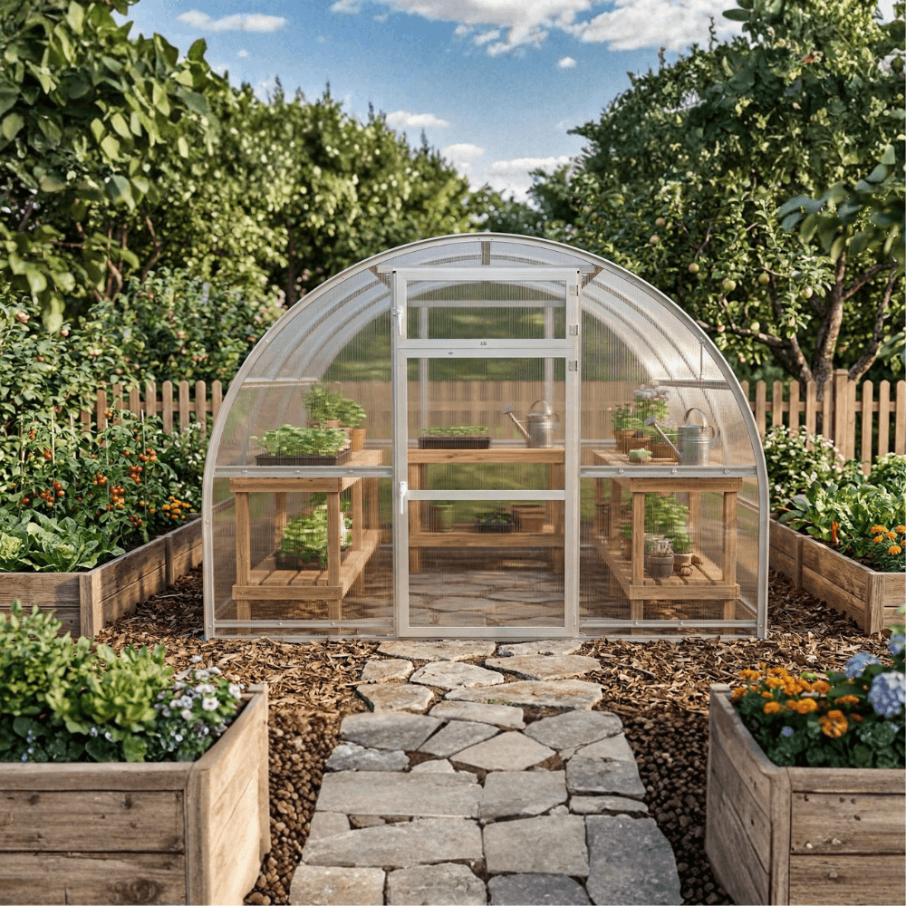 Greenhouse in a garden with plants and a stone path
