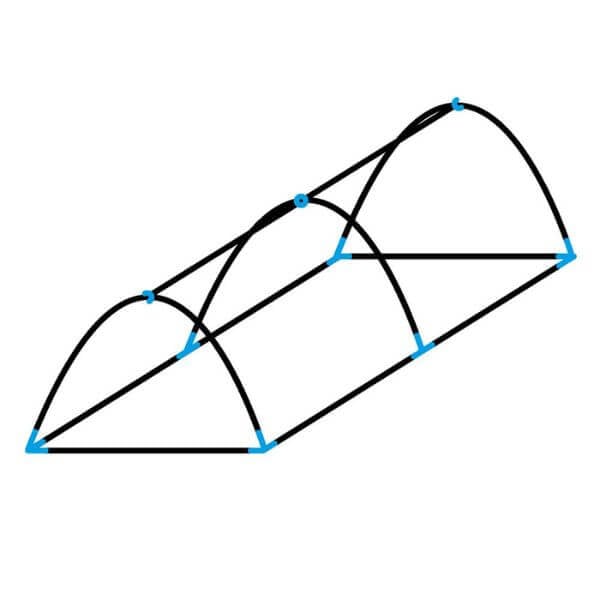 Garden netting tunnel frame line drawing showing connectors