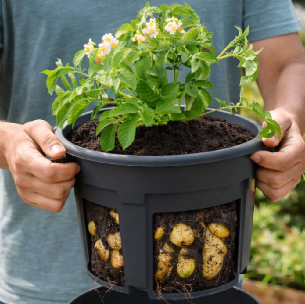 Person holding a container with plants and visible potatoes.